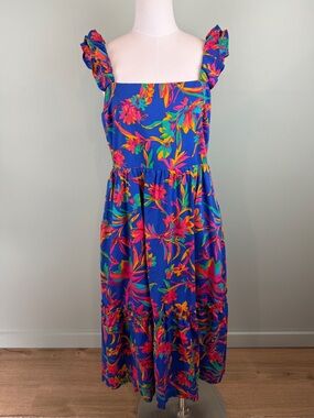 J. Crew Cotton Bright Blue Tropical Floral Midi Tiered Dress size 10